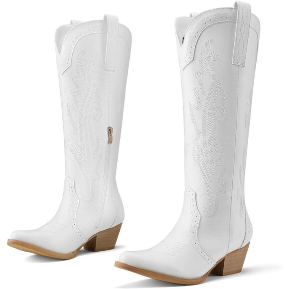 Women's White Embroidered Knee High Western Boots Pointy Toe Cowgirl Boots - Picture 1 of 5